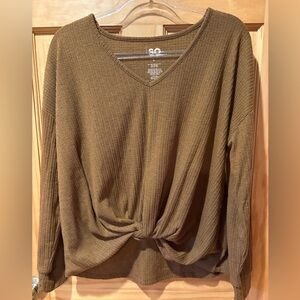 SO ribbed knit V-neck top knotted at the front womens L